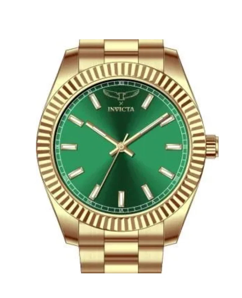 Invicta 69008 40mm Green Dial Gold Watch. Fluted Bezel Oyster Bracelet